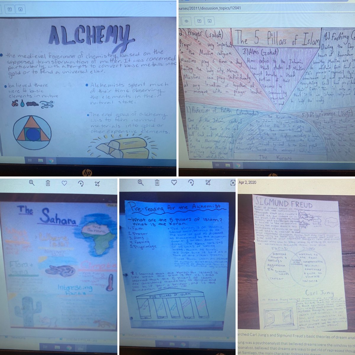 MrsEmilyGrogan's tweet photo. English 2 Honors Students from 2nd & 3rd blocks did so great on their Alchemist pre-reading research! Some chose to draw and upload pics, others used digital tools, all did phenomenal! #WeAreWatauga #WCSremote @WHSPioneerPride https://t.co/UDzEAPlBph