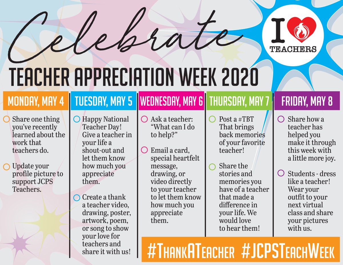 We hope you will join us in celebrating Teacher Appreciation Week all next week. Each day we will virtually celebrate our teachers with different activities and messages of encouragement. Be sure to mark your calendar to help celebrate our heroes! #ThankATeacher #JCPSTeachWeek