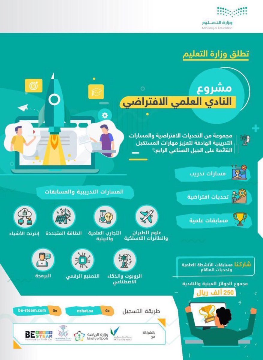 النشاط الطلابي بـ #تعليم_ينبع يدعو الطلاب والطالبات للمشاركة في مشروع #النادي_العلمي_الافتراضي الذي أطلقته #وزارة_التعليم لتعزيز مهارات المستقبل القائمة على الجيل الصناعي الرابع.
للتسجيل nshat.sa
#وزارة_التعليم
#كلنا_مسؤول 
#النشاط_الطلابي