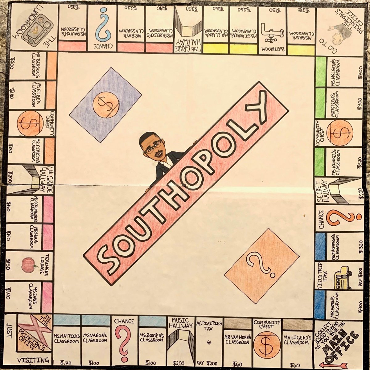 ISD742's tweet photo. Every wonder what kids do for fun during distance learning? South Junior High 7th grader D J Avenson created a Monopoly board ALL ABOUT SOUTH! Who wants to play? (Just don't get sent to the Principal's office!) @HeitkampJoel #monopoly #distancelearning #IAM742 #IAMSouth https://t.co/dqY5qu1hyu