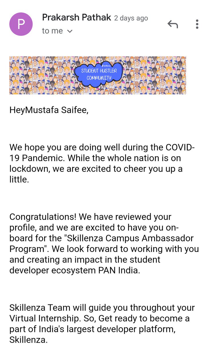 mustafasaifee_'s tweet photo. Thank You @skillenza for this amazing #opportunity.
Excited to be a part of this amazing community and looking forward to do more to empower the people around me.
Thank You @pragatiogal and @AzharShams9 who have inspired me to know about Skillenza.
#DevEngers https://t.co/AHnn0E7psQ