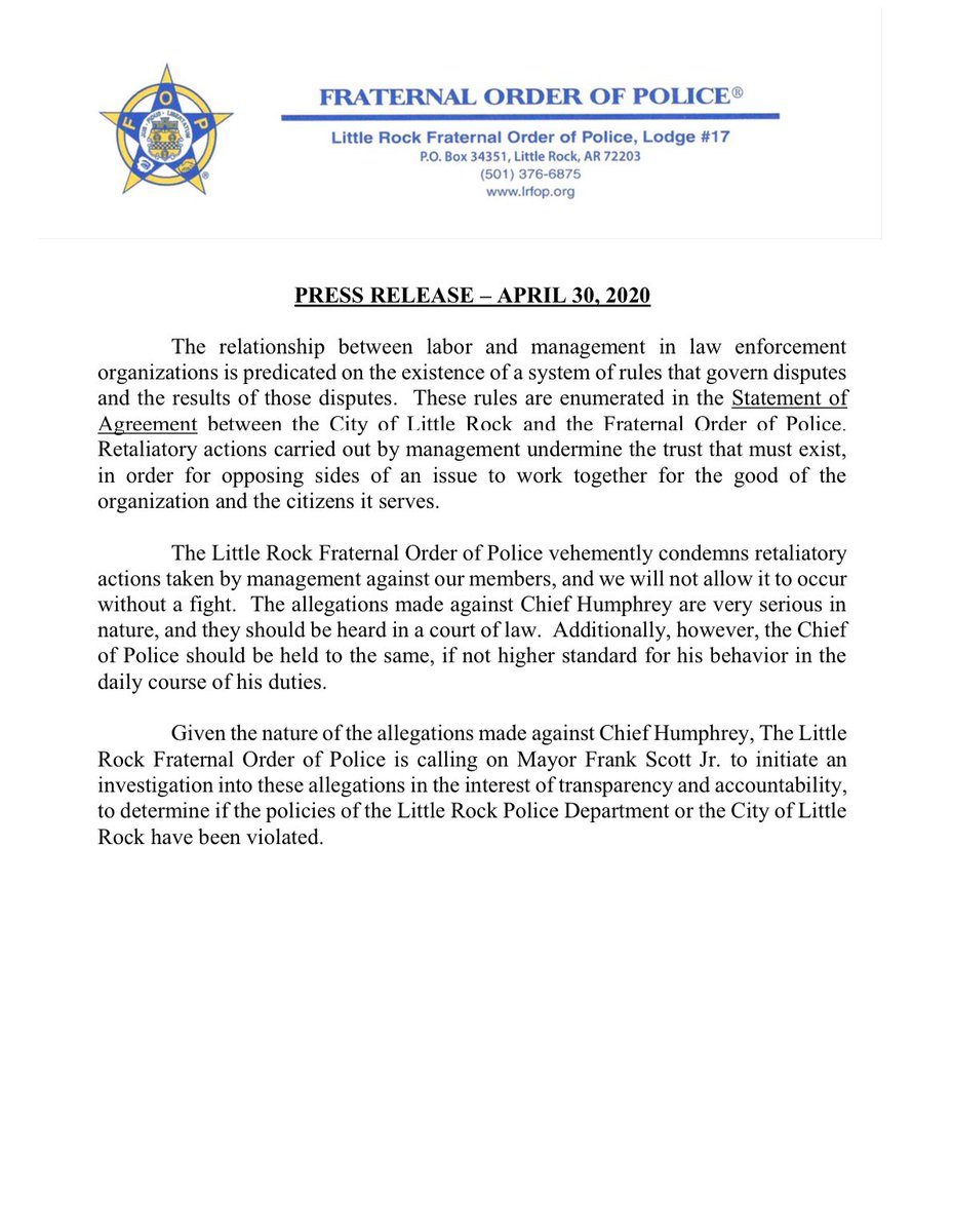 LittleRockFOP's tweet photo. PRESS RELEASE 04/30/2020 https://t.co/BMB6Bho7z3