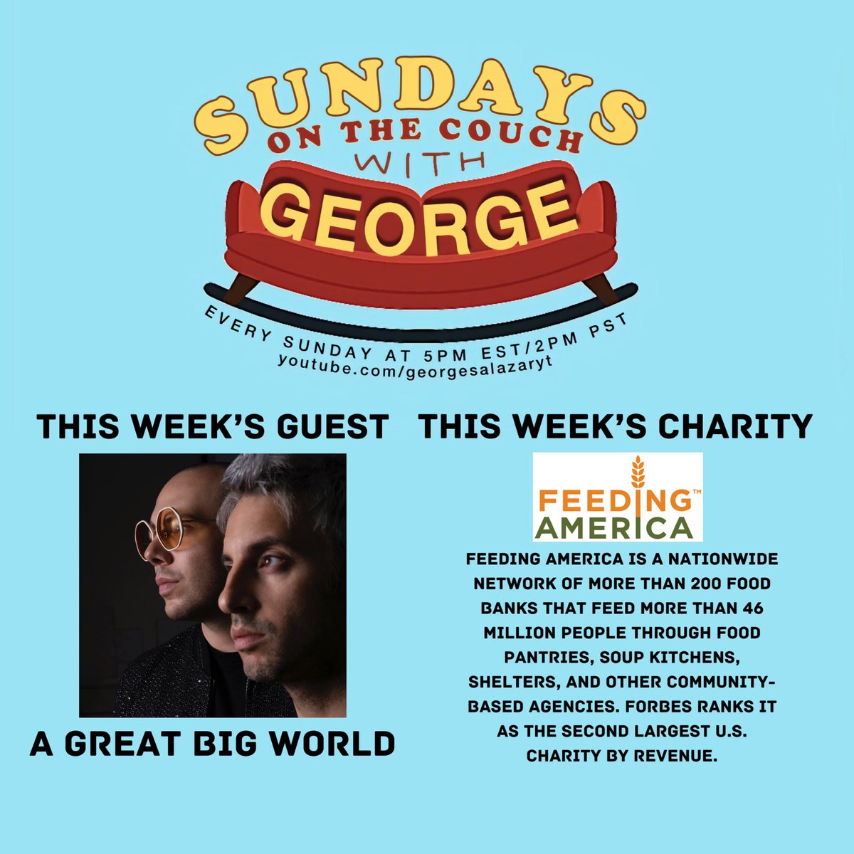 georgesalazar's tweet photo. I am SO excited to welcome Grammy-winners @ianaxel & @itsmechadking of @AGreatBigWorld to #sundaysonthecouch this weekend, raising money for @feedingamerica. Join us and donate this Sunday for a chance to meet us in #sundaystudyhall! Donate here: https://t.co/zfKxoOVhTB https://t.co/fF1vQ7z6Ji