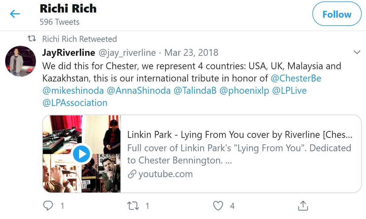 [17] Addendum:He retweeted one of the Riverline crew pushing out a Linkin Park cover they made. That band member stated they repped 4 countries. Syria was not one of those 4 countries. Richi Rich also never tweeted a single time from this acct in Arabic.