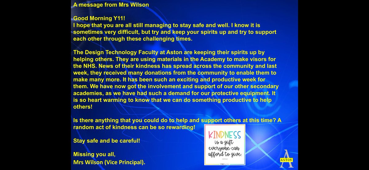 academy_aston's tweet photo. Important assembly messages from Mrs Wilson. Best wishes to all our amazing Y11 students. https://t.co/9Wa8E9C4AO
