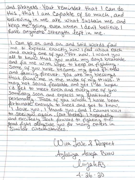 screenshot of Liyah's hand written letter. Full text is available on freeliyah.org