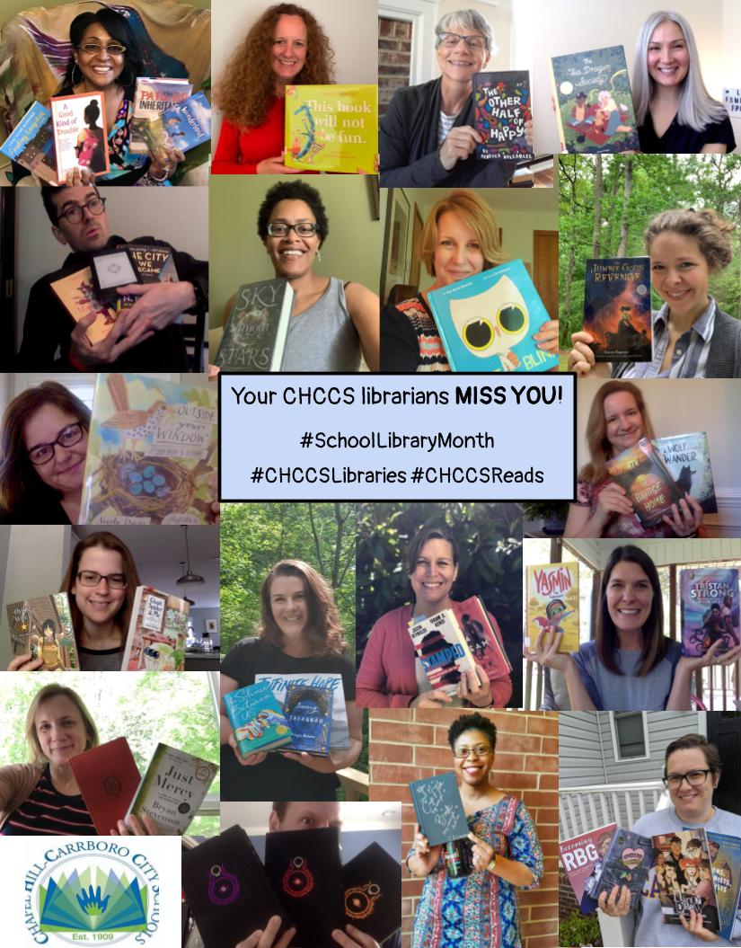 As we end #SchoolLibraryMonth the <a href="/chccs/">Chapel Hill-Carrboro City Schools</a> librarians want you to know how much you are missed! Being a school librarian is grand, but it's our students that make the #chccslibraries so special. While away, let's share some remote reading joy! #CHCCSReads padlet.com/tlbell/CHCCSLi…