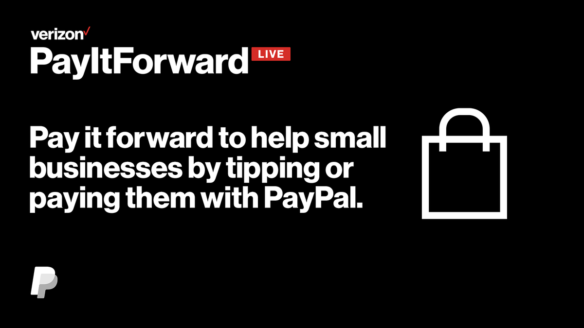 PayPal's tweet photo. Hey #PayItForwardLIVE viewers: If you’re a small business or work for an affected small business, drop your PayPal or @Venmo QR code in the comments below so viewers can support you directly. https://t.co/FH62lTALLV