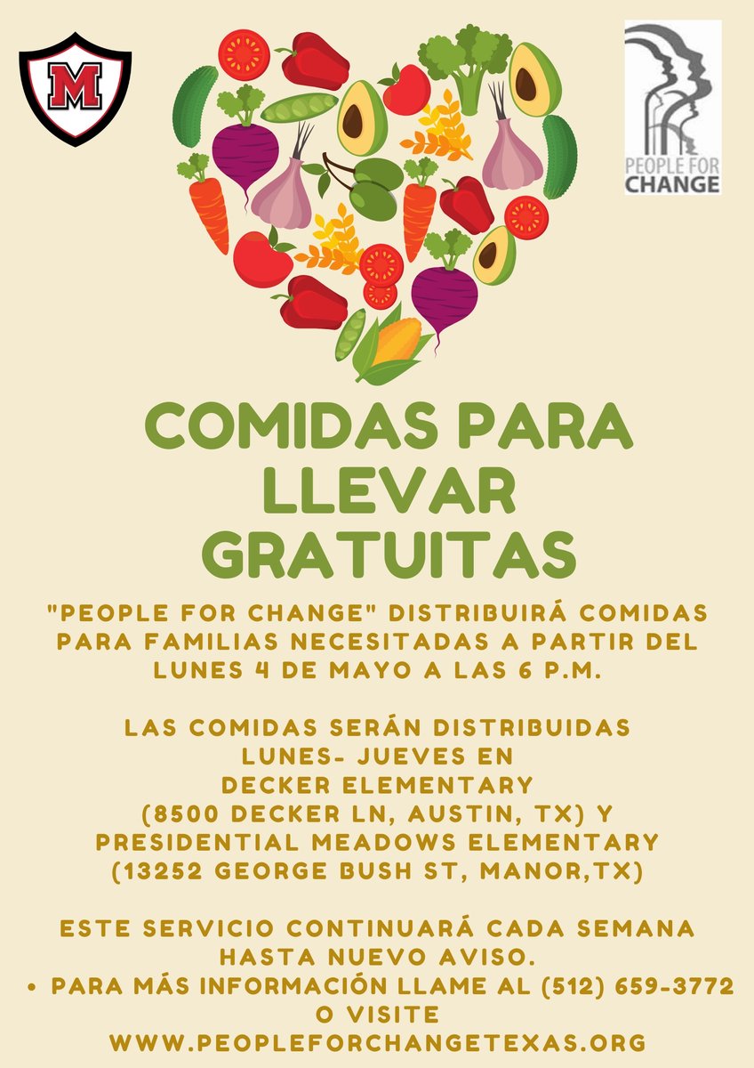 ------
"People for Change" distribuirá comidas para familias necesitadas a partir del lunes 4 de mayo a las 6 p.m. Las comidas serán distribuidas de lunes - jueves en <a href="/DeckerES/">Decker Elementary</a> y <a href="/pmeseagles/">PME Eagles</a> . Este servicio continuará cada semana hasta nuevo aviso. peopleforchangetexas.org