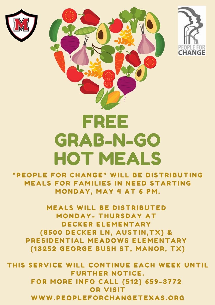 "People for Change" will be distributing meals for families in need starting Monday, May 4 at 6 Pm. Meals will be distributed Monday - Thursday at <a href="/DeckerES/">Decker Elementary</a> &amp; <a href="/pmeseagles/">PME Eagles</a> . This service will continue each week until further notice. peopleforchangetexas.org