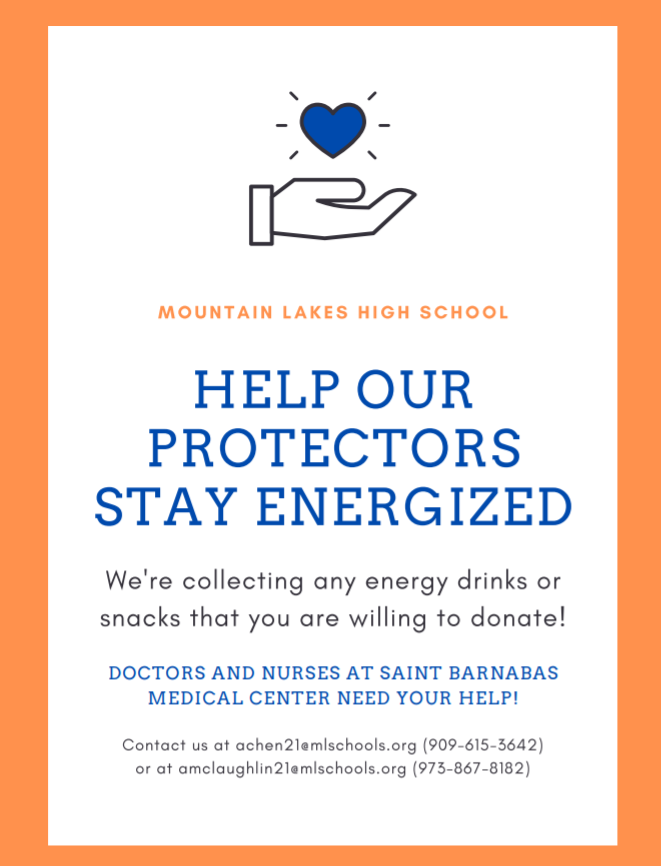 MLHS_Clubs's tweet photo. MLHS Key Club: Ashley Chen and Alia McLaughlin (Class of 2021) are collecting energy drinks, energy bars,
and moisturizing hand lotions to donate to Saint Barnabas Medical Center. Information is attached below. #LakerClubs #LakerPride https://t.co/QO5jLyu5TH