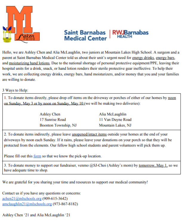 MLHS_Clubs's tweet photo. MLHS Key Club: Ashley Chen and Alia McLaughlin (Class of 2021) are collecting energy drinks, energy bars,
and moisturizing hand lotions to donate to Saint Barnabas Medical Center. Information is attached below. #LakerClubs #LakerPride https://t.co/QO5jLyu5TH