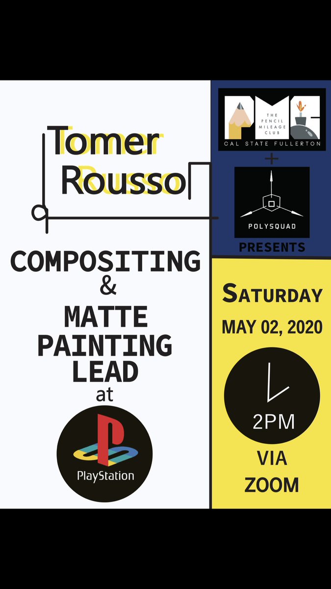 May 2 and 3, Polysquad will be hosting speaker events via Zoom with: Compositing &amp; Matte Painting Lead, Tomer Rousso, and CG generalist supervisor Jesse Toves. Visit the zoom links below for each event! Bring a friend! 

May 3
fullerton.zoom.us/j/91877469063
May 2
fullerton.zoom.us/j/93036384555