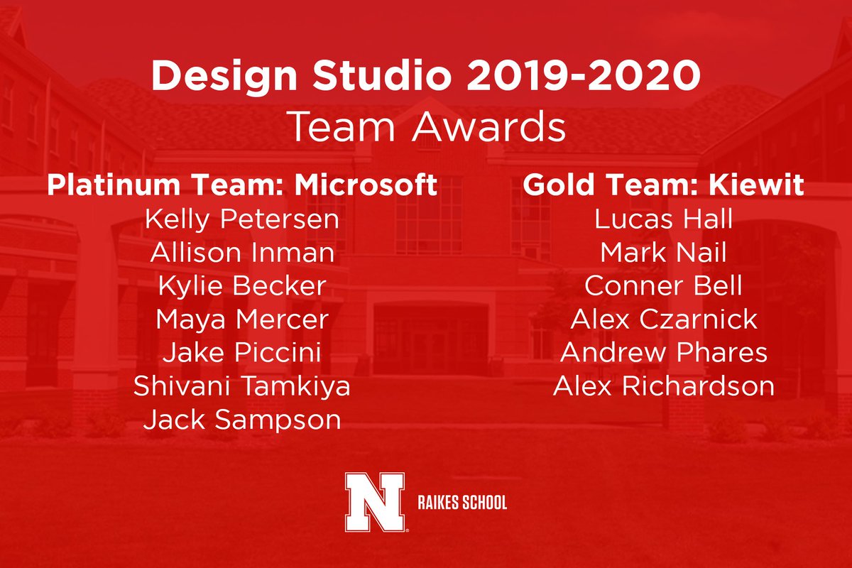 Design Studio is proud to announce our ‘19-‘20 "Gold" and "Platinum" projects—the runner-up and winner for highest performing team in terms of product produced, sponsor relationship, and team collaboration. Congrats, Microsoft and Kiewit!

#RaikesSchool #DesignStudio #UNL