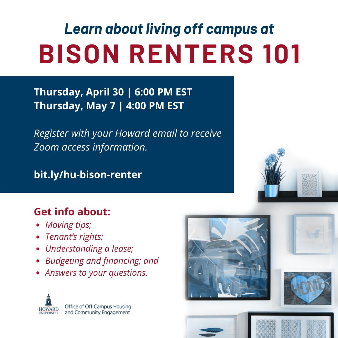 HUStudentAffair's tweet photo. Bison Renters 101 from @HUOCHCE starts in 30 minutes! 

Thursday, April 30 | 6:00 PM EST

Register with your Howard email for the Zoom access info. https://t.co/B7VfAWNmU5 https://t.co/wcpr6o9gg4
