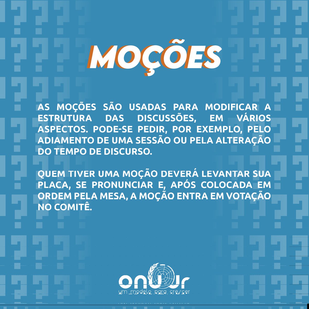 ONUJr's tweet photo. Boa noite, delegades! Já ouviram falar em moções? 
São ferramentas que ajudam es delegades a ajustar as discussões de acordo com a necessidade do próprio comitê. 
Lembrem sempre de ter uma justificativa plausível pra sua moção!
#onujr #onu #vocesabia https://t.co/YAXqbcrUex