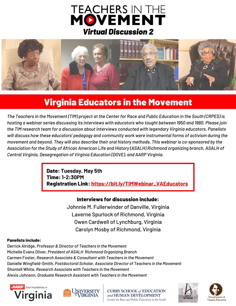 DOVE is a proud sponsor of #TIMWebinarSeries. Register now for Tuesday, May 5th discussion of oral histories with 3 of Virginia's *Teachers in the Movement* -- from Lynchburg, Danville, Richmond. bit.ly/TIMWebinar_VAE…