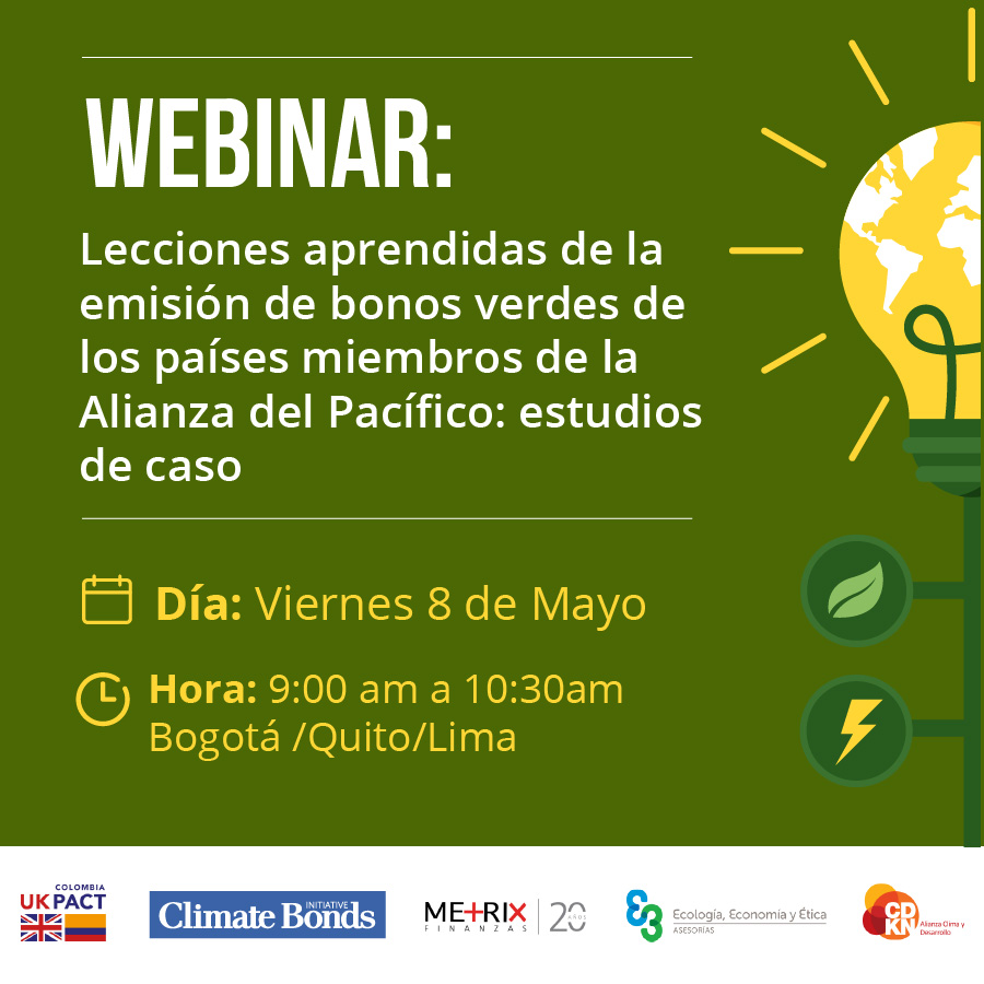 #Webinar | Ya te inscribiste?, aún tienes tiempo👇🏽

💁‍♂️Lecciones aprendidas de la emisión de bonos verdes de los países miembros de la #AlianzadelPacífico

✍️Registro: bit.ly/2VT9tNP
📆Día: Viernes 8 de Mayo
🕗Hora: 9:00 am a 10:30am Btá/Uio
➕Info bit.ly/3bVCqym