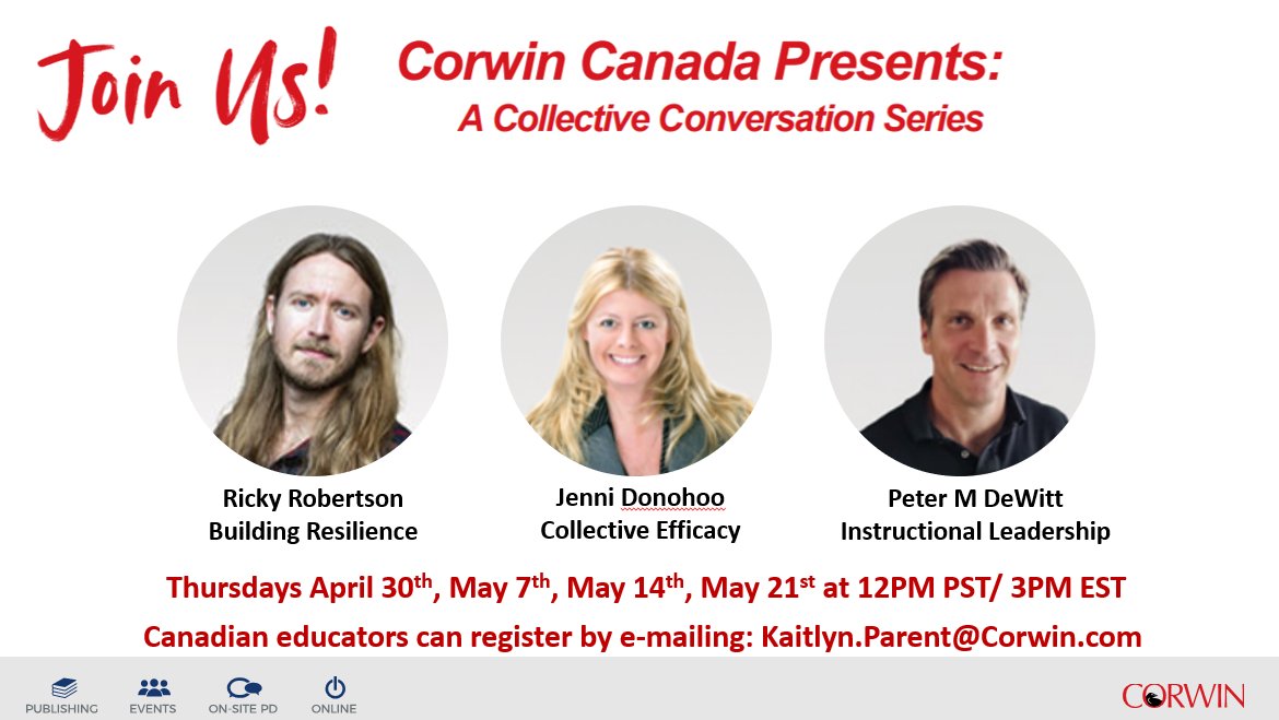 Corwin Canada is hosting this amazing series of free webinars that I am honored to be a part of along with @PeterMDeWitt &amp; <a href="/Jenni_Donohoo/">Jenni Donohoo</a>. Canadian educators can contact <a href="/kaitlyn_parent/">Kaitlyn Parent</a> to register.