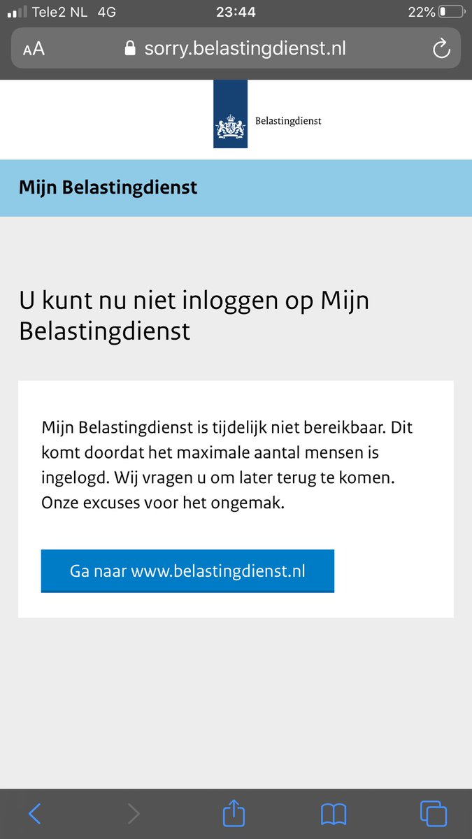 Leuker kunnen we het niet maken <a href="/Belastingdienst/">Belastingdienst</a> . Zojuist afgeronde en Ingevulde aangifte kan ik niet meer bereiken en doorsturen op de valreep.... bekend probleem?