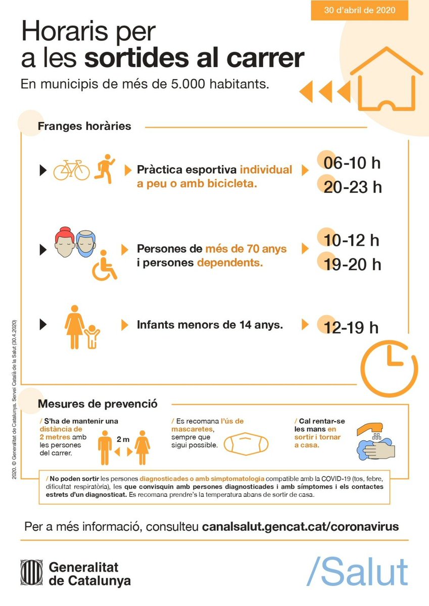 📡 A partir d'aquest dissabte: 

6h - 10h 🏃🏼‍♂🚴🏼‍♂👫🏻
10h - 12h 👵🏼👴🏼
12h - 19h 👶🏼👧🏻👦🏻
19h - 20h 👵🏼👴🏼
20h - 23h 🏃🏼‍♂🚴🏼‍♂👫🏻
23h - 6h 😴🏬🏘️

#EnsEnSortirem 💪