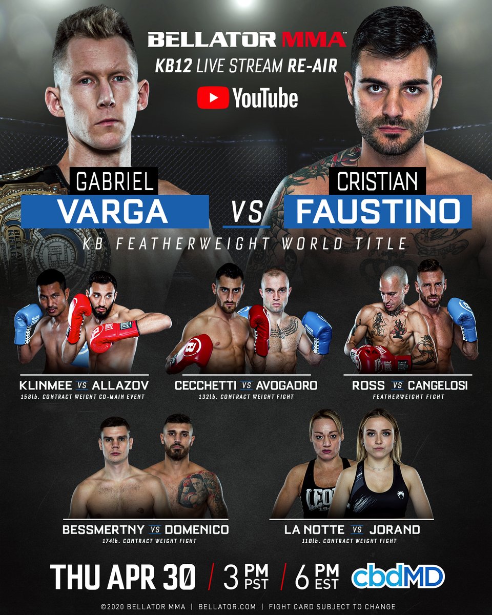 BellatorKB's tweet photo. The #BellatorKB12 ⏪ Event Replay ⏪ kicks off NOW via @BellatorMMA's YouTube channel.

Click the link below to catch all of the action, brought to you by @CBDMD_USA.

🔗👉 https://t.co/HJzyPam6Fx https://t.co/Vg1zFcqtHa