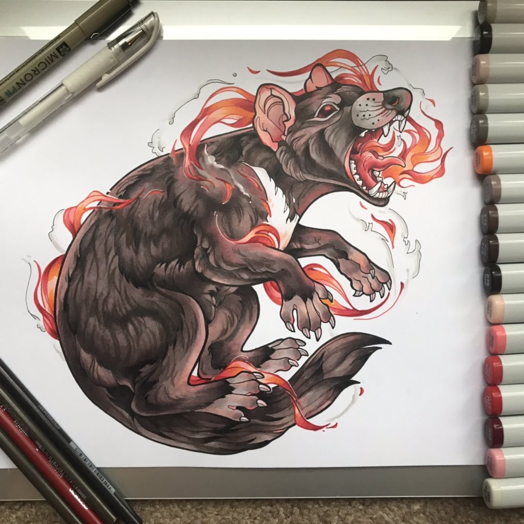 ALEKIVZ ✨ on X: "and a finished commission for @DeoTasDevil ! a kinda neo-traditional tasmanian devil spitting fire for a future tattoo design. goes without saying but this is for the commissioner's