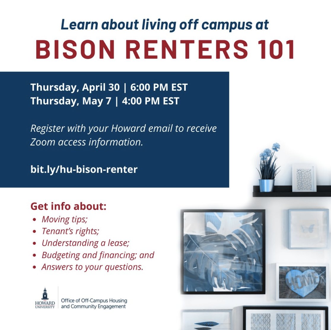 HUOCHCE's tweet photo. Bison Renters 101 from 
@HUOCHCE
 starts in 30 minutes! 

Thursday, April 30 | 6:00 PM EST

Register with your Howard email for the Zoom access info. https://t.co/s8VvIOlAEx https://t.co/6HIwOBFSlN