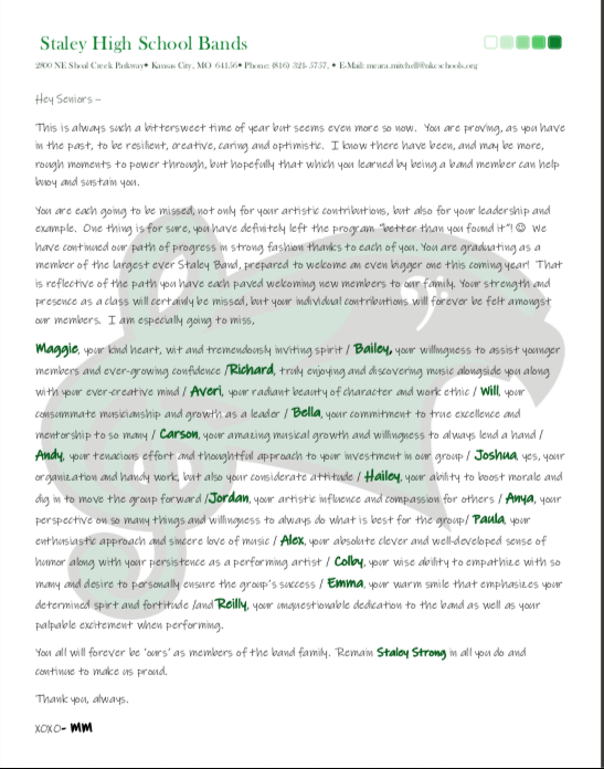 Hey Band! Check your email for links to the Senior Slideshow, this letter and a reading of such THANK YOU our dear class of 2020