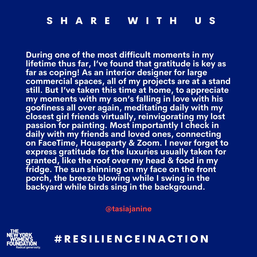 NYWomensFdn's tweet image. We've launched our #ResilienceInAction campaign on IG today! Share your stories of #solidarty and #resilience during the #COVID19 pandemic with us. We want to uplift your experiences. Click here to learn more about how to participate: bit.ly/2YfnCq7