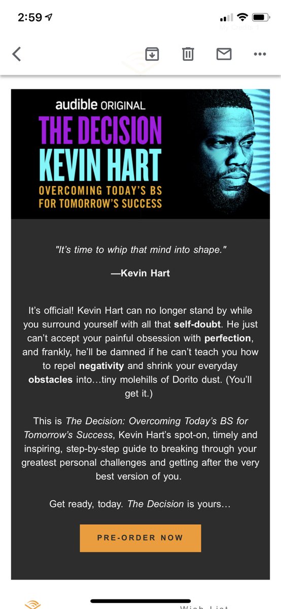 Audible email for Kevin Harts new book