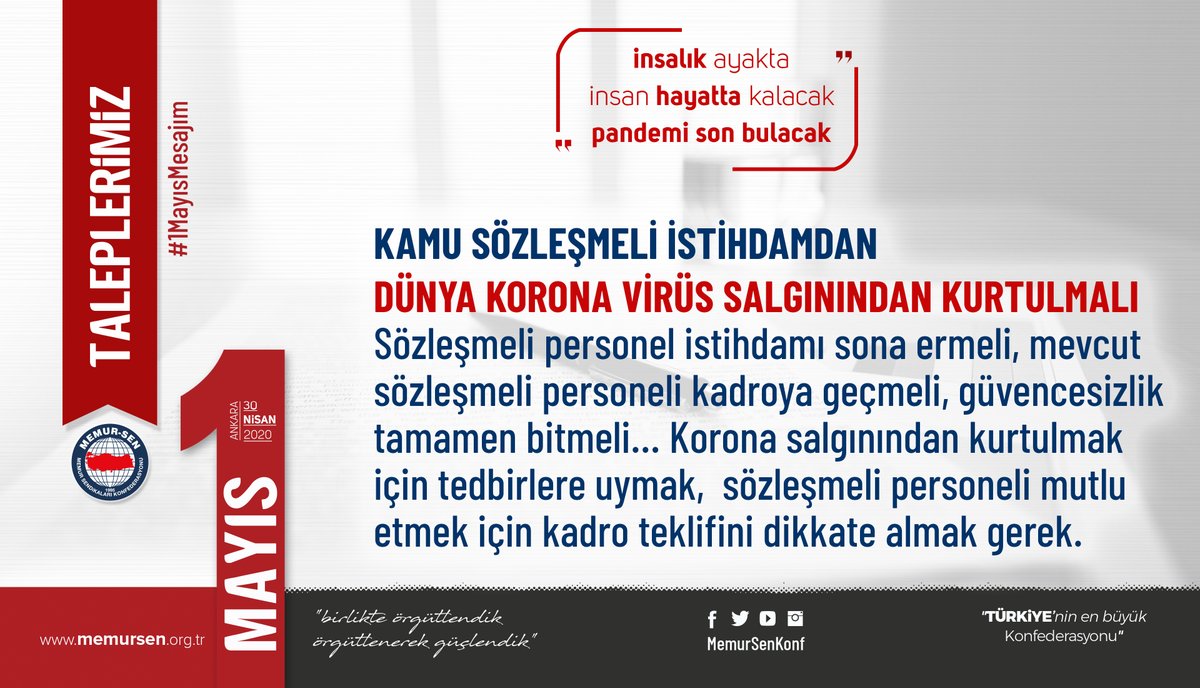 MemurSenKonf's tweet photo. Kamu Sözleşmeli İstihdamdan,
Dünya Koronavirüs Salgınından Kurtulmalı

Sözleşmeli personel istihdamı sona ermeli, mevcut sözleşmeli personel kadroya geçmeli, güvencesizlik tamamen bitmeli...

#1MayısMesajım https://t.co/FOl9b4UK8c
