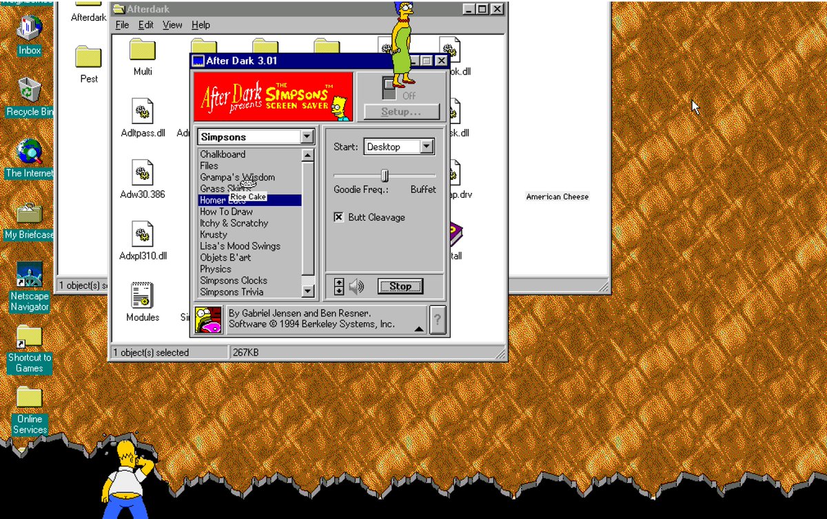 Since I'm on a nostalgia kick tonight, I installed a Win95 emulator so I can revive Simpsons After Dark!!! With the best tickbox ever, Butt Cleavage.
