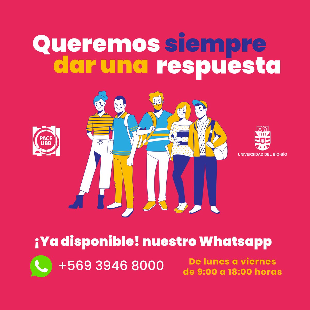 PACEUBB's tweet photo. ¡Tenemos una gran noticia para ti! Desde hoy cuentas con otra vía para comunicarte con nuestro Programa.
Con nuestra línea de WhatsApp #PaceUBB podrás resolver todas tus dudas e interrogantes! 
No dudes en contactarte 📞📲
#CreandoOportunidades online
#NuevoPaceUBB https://t.co/HwoFRHzfkf