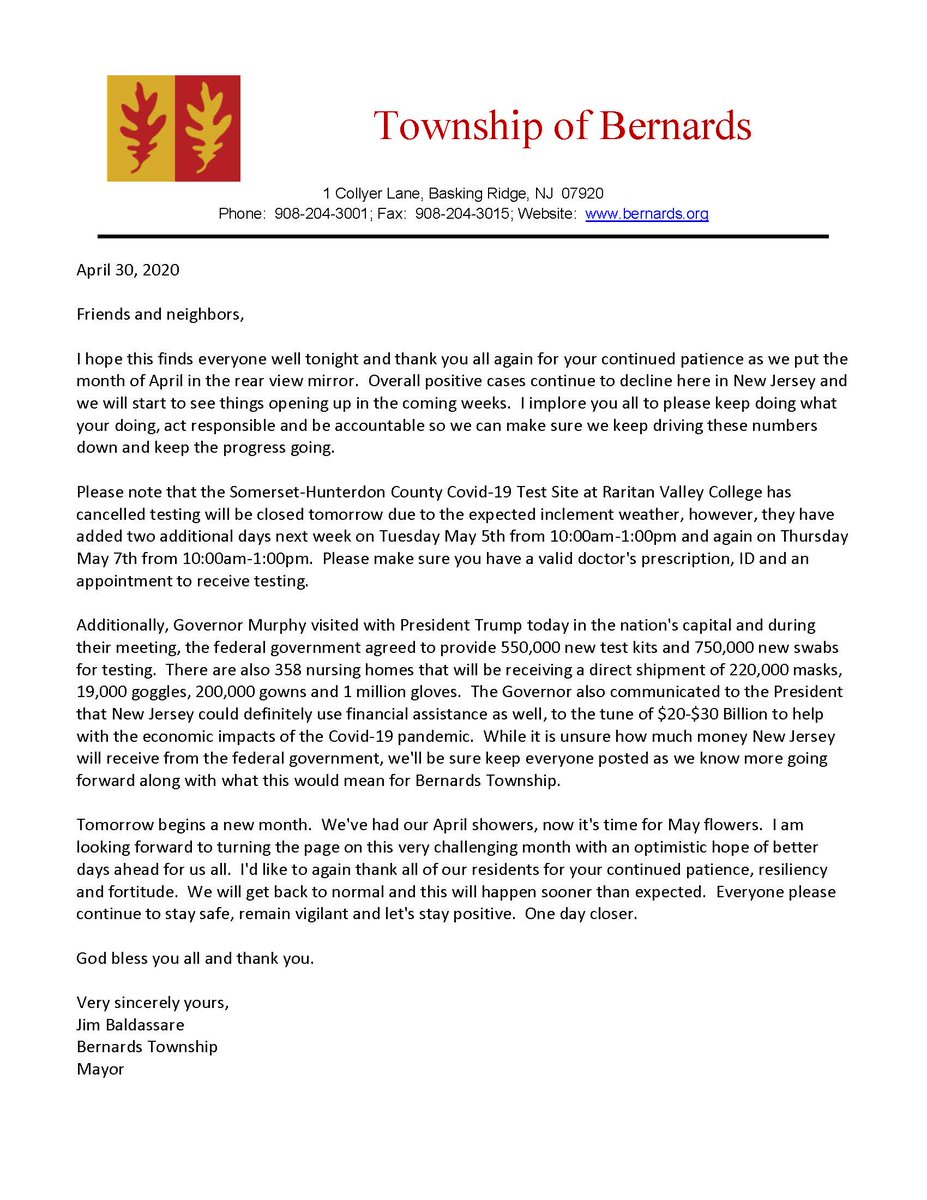 MAYOR JAMES BALDASSARE'S LETTER TO THE RESIDENTS - APRIL 30, 2020