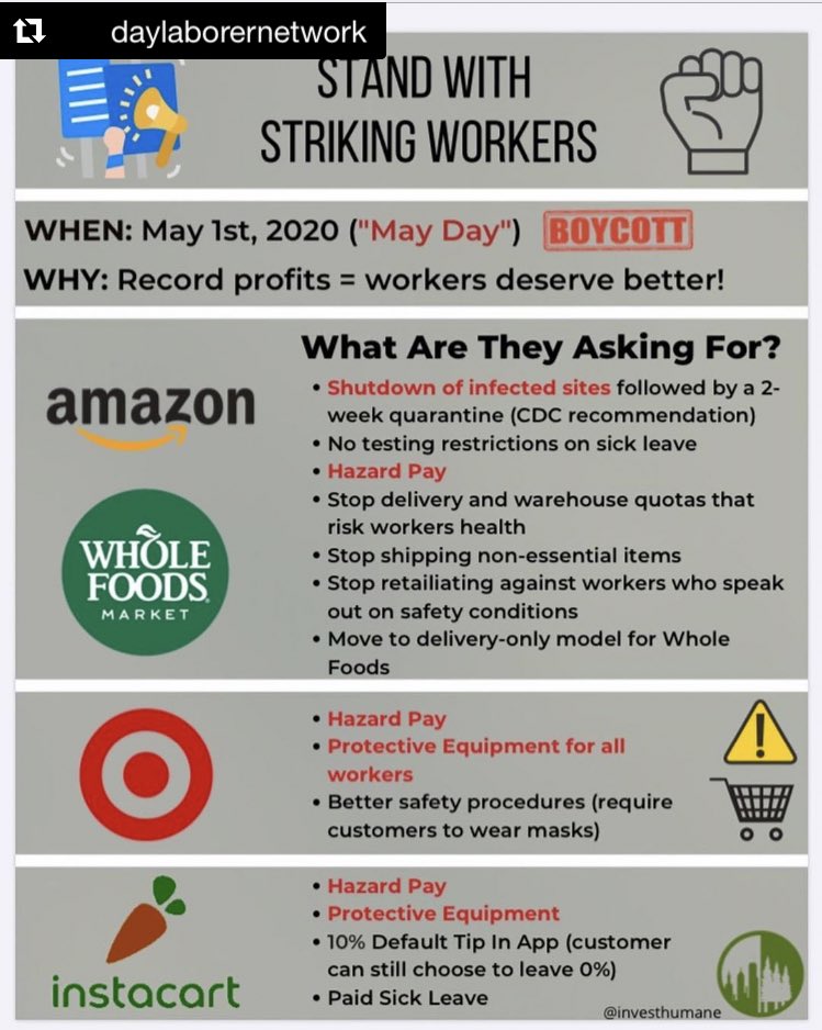 GodfreyPlata's tweet image. Friday, May 1st is International Workers Day, and here is just one of the ways you can be in solidarity with workers worldwide: #NoAmazon #NoWholeFoods #NoTarget #NoInstacart 

Demand humane and safe conditions during this pandemic and beyond. #MayDay