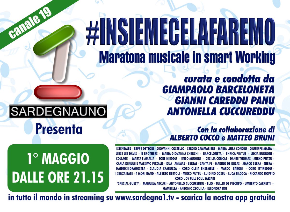 BertasOfficial's tweet photo. La maratona musicale in smart working di #Sardegna1 non ha bisogno di presentazioni. Il titolo dice tutto.

Il concerto per la #FestaDelLavoro si cerca di rimediarlo come si può. E sarà probabilmente un bel rimediare!

#insiemecelafaremo #MusicaDiSardegna @BertasOfficial https://t.co/GfMb2Jnkkv