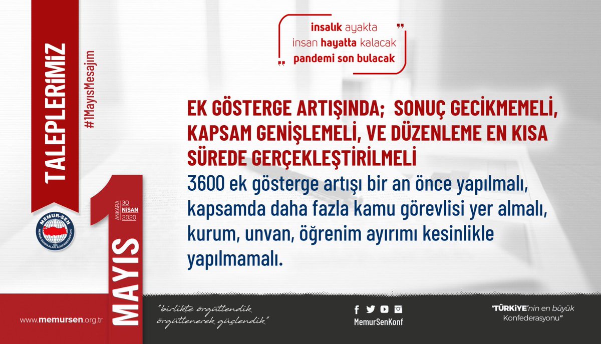 ◼️ Ek Gösterge Artışında; Sonuç Gecikmemeli, Kapsam Genişlemeli ve Düzenleme En Kısa Sürede Gerçekleştirilmeli

◼️ 3600 ek gösterge artışı bir an önce yapılmalı, kapsamda daha fazla kamu görevlisi yer almalı, kurum, unvan, öğrenim ayırımı kesinlikle yapılmamalı

#1MayısMesajım
