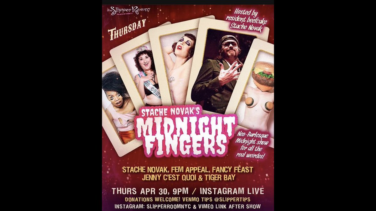 FemAppeal's tweet photo. 9pm TONIGHT on Instagram LIVE — @slipperroom in EXILE Presents #MidnightFingers with #StacheNovak #Quarantease #Quarantainment #SlipperRoomNYC #SlipperRoomInEXILE #ThursdayNight #April30 https://t.co/Ks0fmLlub4