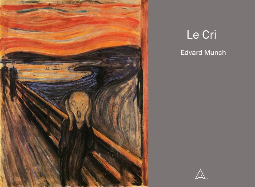 LE CRI par Edvard Munch (entre 1893-1910) : Le Cri » est une série de peintures de l'artiste expressionniste Munch. Elles représentent une silhouette humaine criant dans le désespoir sur le fond du ciel rouge et le fond de paysage extrêmement généralisé.