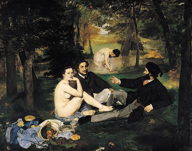 LE DÉJEUNER SUR L’HERBE par Eduard Manet (1863) : le message de la peintre n'est pas clair. Certains disent que l'idée de cette œuvre c'est de montrer l'état déplorable des femmes dans la société. Elle réside dans la 19e salle du musée d'Orsay à Paris.
