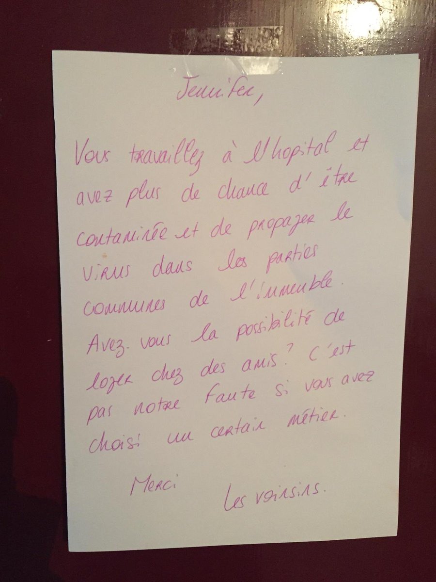 Portes_Thomas's tweet photo. Une amie podologue qui donne un coup de main à l’hôpital à Paris pendant la crise du #COVID__19 dans le cadre de la réserve sanitaire reçoit un mot de ses voisins lui demandant de quitter l’immeuble. Sa réponse est magnifique, pleine d’humour et de caractère. J’adore ⤵️ https://t.co/FDIdmyQaNM