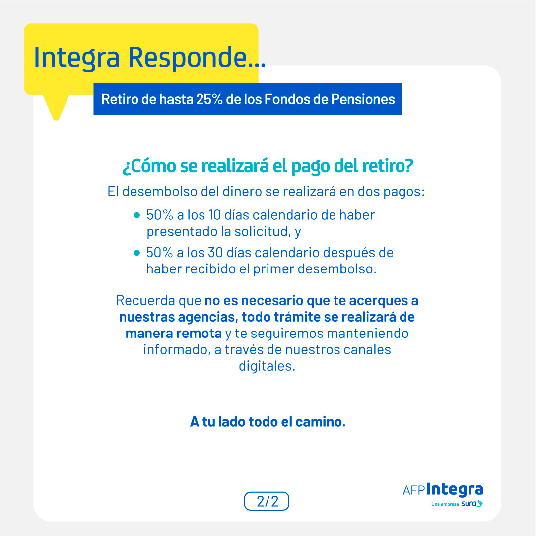 AFP_Integra's tweet photo. Integra responde: un espacio para resolver tus dudas. 

Retiro de hasta 25% del Fondo de Pensiones: el proceso aún no inicia. Estamos a la espera de la publicación del procedimiento operativo, que detallará los pasos a seguir. https://t.co/u2SXXTcZkc