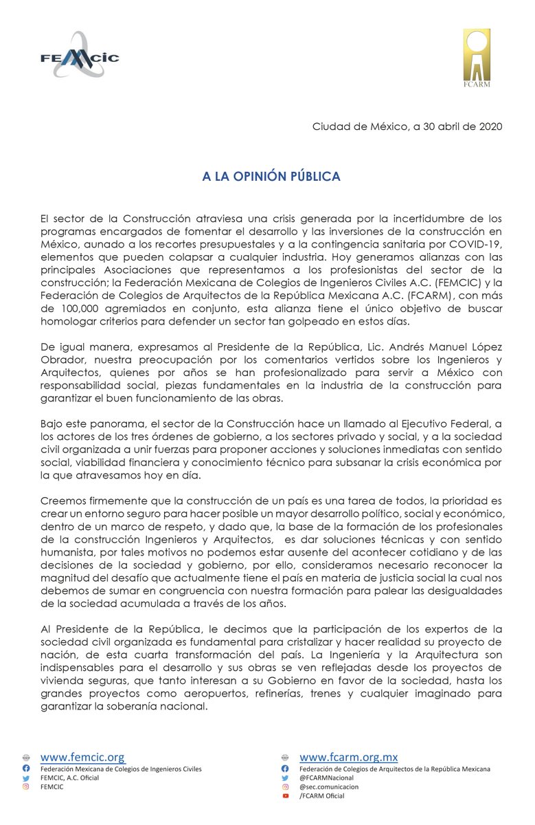 FEMCIC1's tweet photo. Hoy generamos alianzas con las principales Asociaciones que representamos a los profesionistas del sector construcción; #FEMCIC - #FCARM con más de 100,000 agremiados en conjunto, con el objetivo de buscar homologar criterios para defender un sector tan golpeado en estos días. https://t.co/du88kGLdY9
