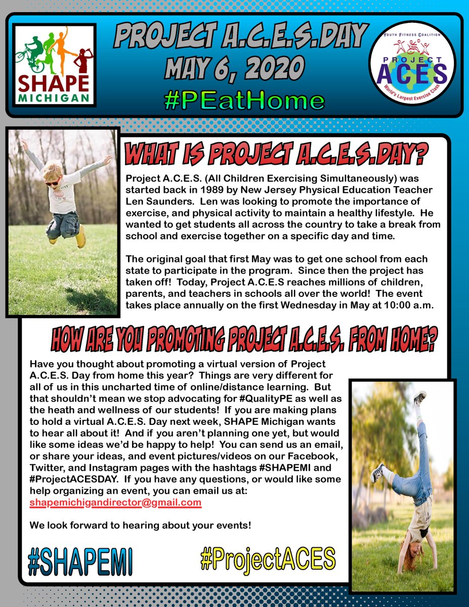 SHAPEMichigan's tweet photo. Join #SHAPEMi in celebrating the 32nd annual Project ACES day on May 6th! 10am-10:15am (time is flexible)
Post your ACES photo or videos in the comments or email them to shapemichigandirector@gmail.com.
We can't wait to see how you #ProjectACE!
@theYFCinc
#HPEatHome https://t.co/XQ5mBqfO3C