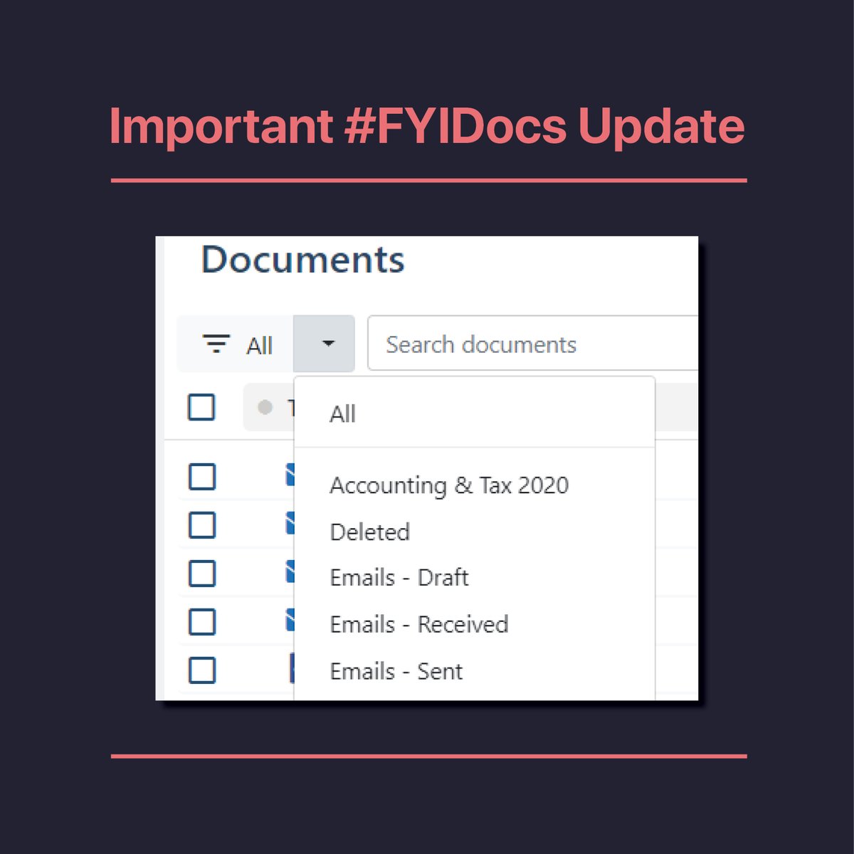 clarity_street's tweet image. Important update for those that use @fyi_docs!

• Documents default view has been renamed from &quot;Recent&quot; to &quot;All&quot;. 
• Default view now appears at the top of the view selector.

If you have any questions, send us a message!

#fyidocs #update #cloud #cloudaccounting #software