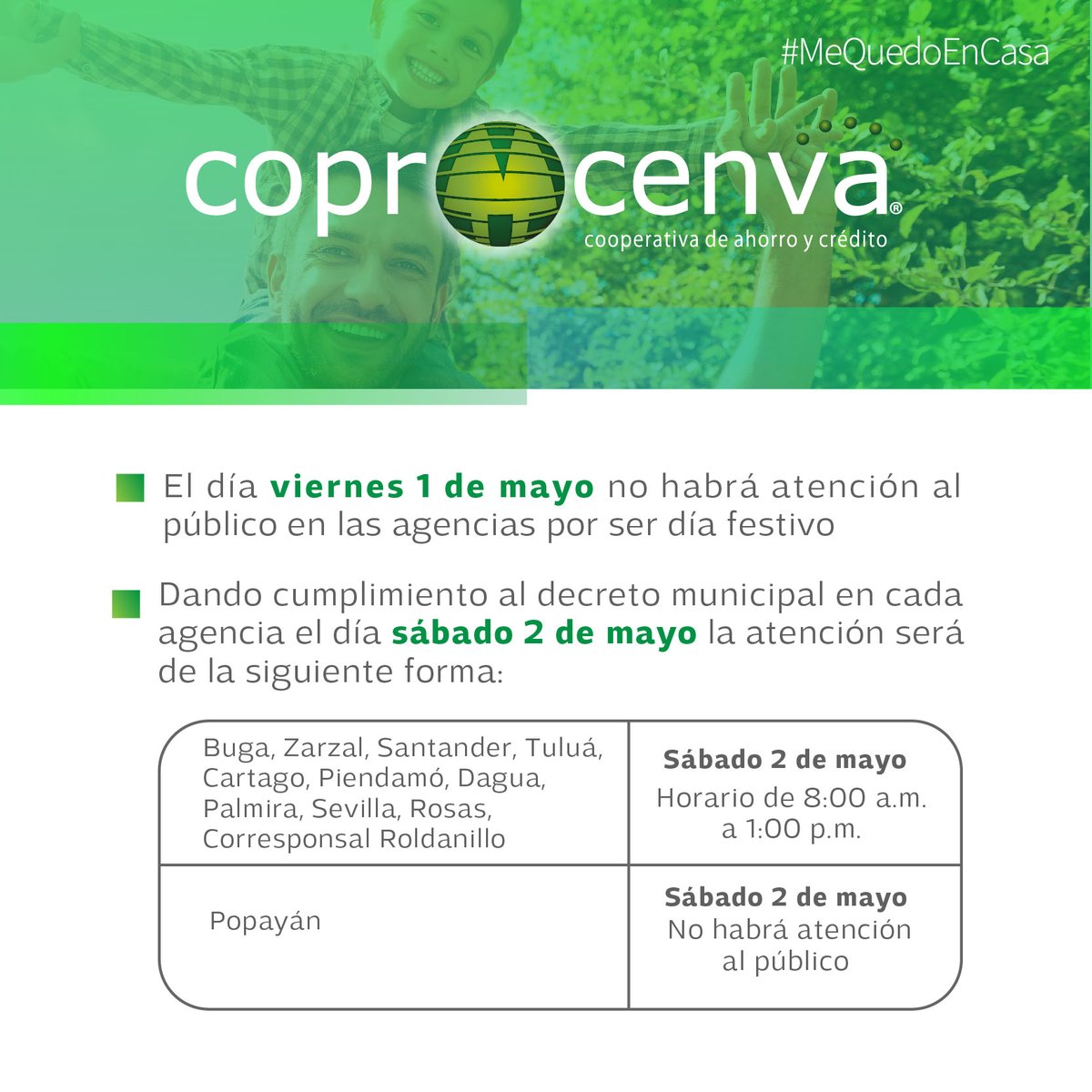 Asociado, atendiendo al Decreto emitido hace pocos instantes por la Alcaldía de Cali, te confirmamos las novedades de atención al público en agencias para este fin de semana, viernes 1 y sábado 2 de mayo.