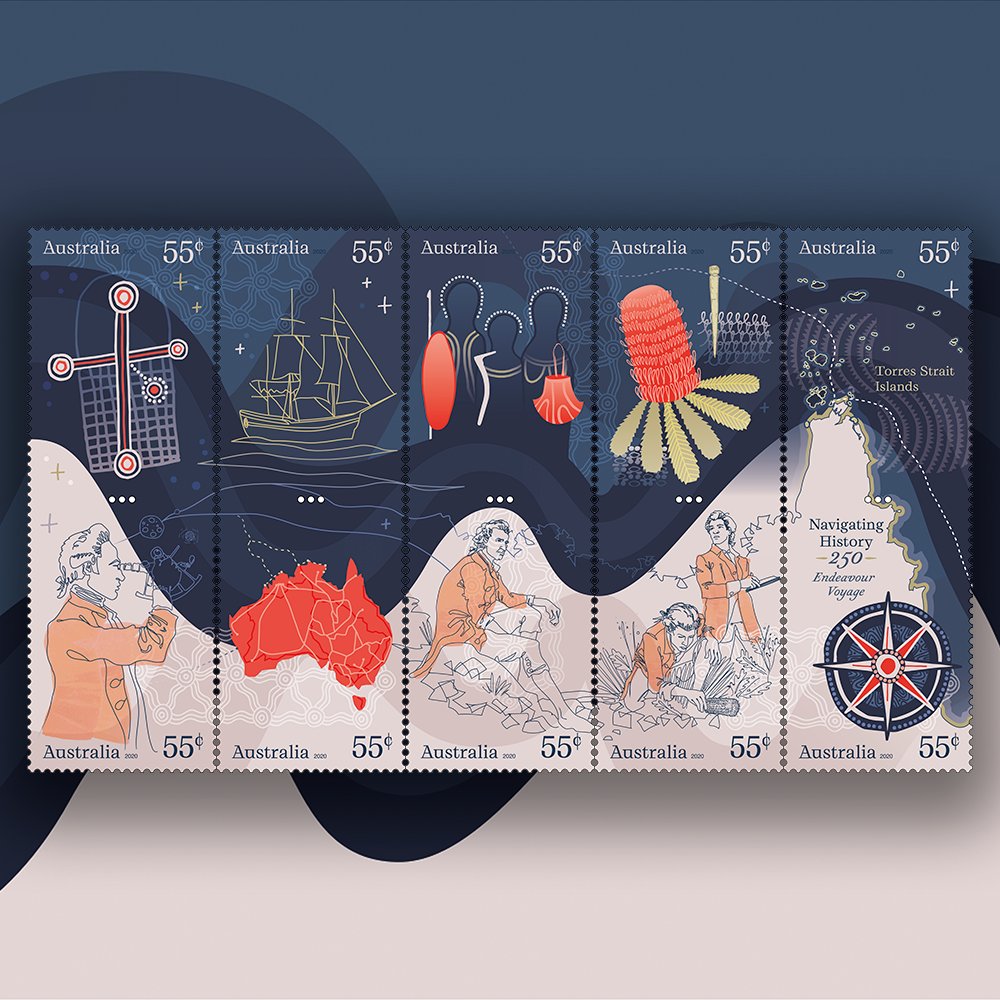 Congrats <a href="/auspost/">Australia Post</a> on commemorative stamps marking 250th anniversary of James Cook’s voyage on #HMBEndeavour. Impressive design work from artists Jenna Lee,  Niqui Branchu &amp; <a href="/Gilimbaa/">Gilimbaa</a> which acknowledges view from the ship &amp; view from the shore:  newsroom.auspost.com.au/article/austra…