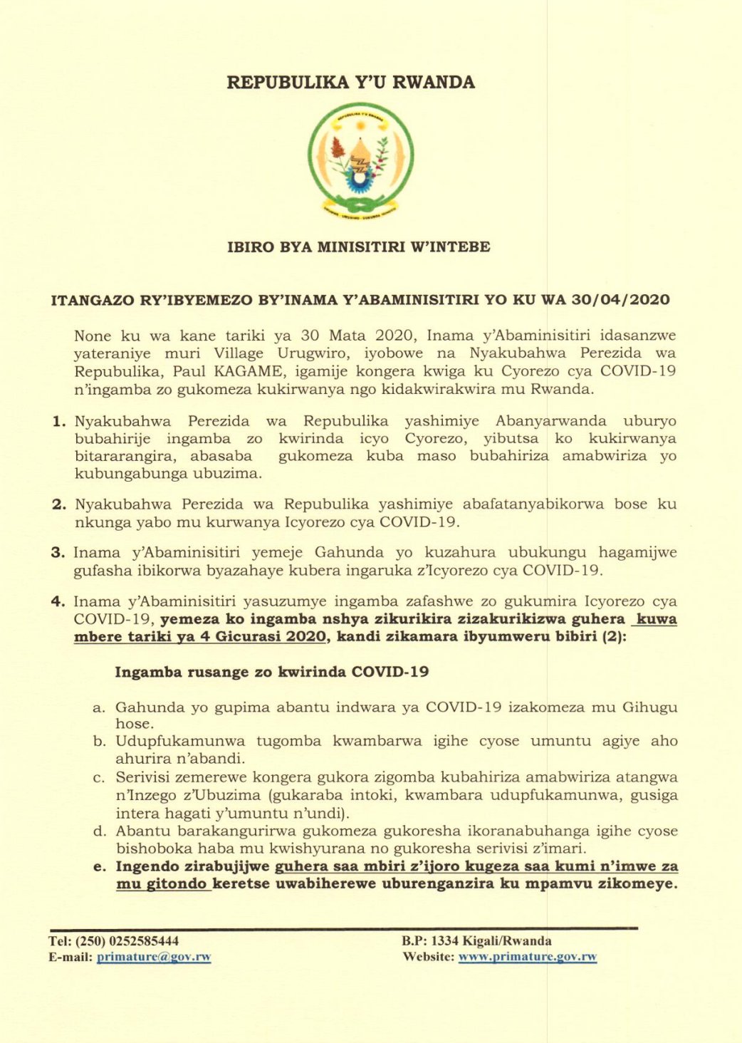 Office Of The Pm Rwanda Itangazo Ry Ibyemezo By Inama Y Abaminisitiri Yo Ku Wa 30 04
