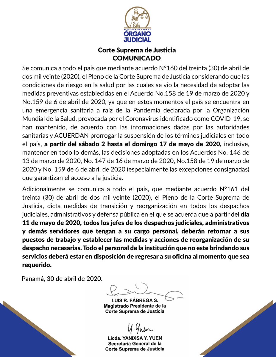Pleno de la CSJ prorroga suspensión de términos judiciales en todo el país, del 2 al 17 de mayo, y dicta medidas para reorganización de despachos judiciales, administrativos y defensa pública. (Leer más bit.ly/35j1tZH) #OJInforma⚖️